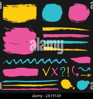 Paint brush strokes, grunge stains and symbols isolated on black background. Colorful vector design elements for paintbrush texture, frame, background Stock Vector