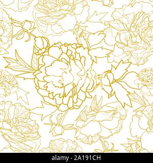 Elegant golden realistic festive peony botanical pattern, peony lien art blossom in pastel tones with butterfly and circle. All over print. Event, stationary, event, wedding, fashion. Stock Vector