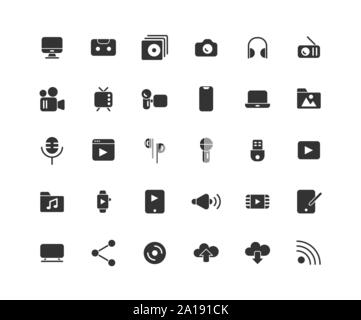 Media solid icon set, Vector and Illustration. Stock Vector