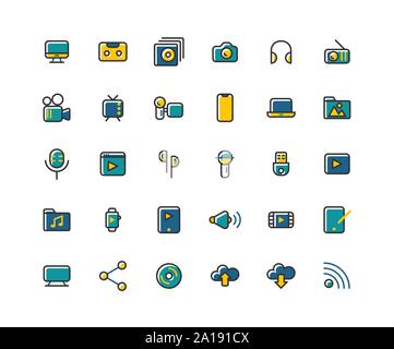 Media filled outline icon set, Vector and Illustration. Stock Vector