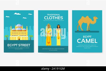 Set of Egypt country ornament travel tour concept. Vacation traditional, magazine, book, poster, abstract, element. Vector decorative ethnic greeting card or invitation design Stock Vector