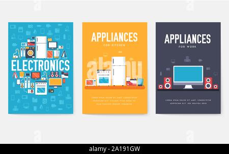 Home appliances cards set. Electronics template of flyear, magazines, posters, book cover, banners. Devices infographic concept background. Layout illustrations template pages with typography Stock Vector