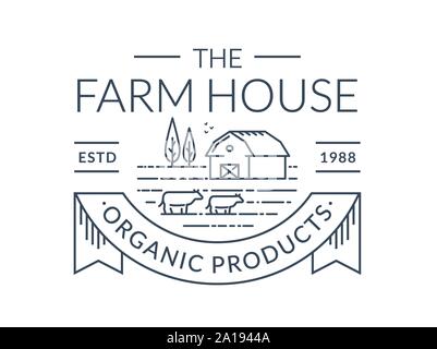 Farm logo isolated on white background. Line emblem with farmhouse and cows. Vector badge for milk product, organic food, dairy farms or farmer market Stock Vector