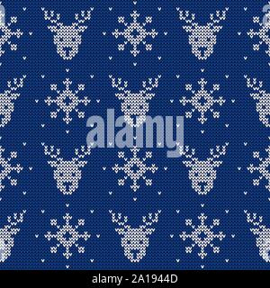 Knitted seamless pattern with deers and snowflakes. Vector background. Blue and white sweater ornament for Christmas or winter design. Stock Vector