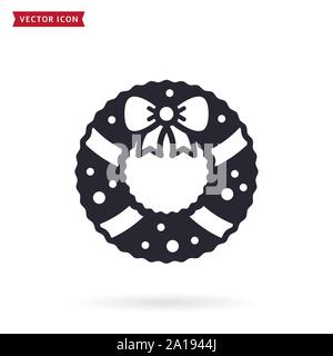Christmas wreath icon. Black symbol isolated on white background. Vector illustration for Xmas or New Year design. Stock Vector