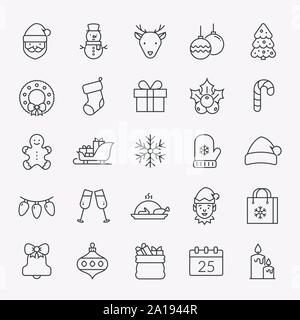 Christmas and New Year line icons set. Isolated winter holiday symbols - Santa, Elf, snowman, Christmas tree, deer, etc. Outline vector collection. Stock Vector