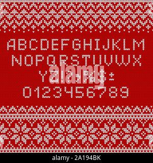 Knitting font. Alphabet ornaments for Christmas or winter season. Letters and scandinavian sweater patterns on knit background. ABC and numbers vector Stock Vector