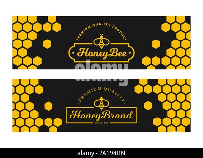 Banners with honeycomb and bee logos for natural honey products. Vector templates. Horizontal black and yellow labels isolated on a white background. Stock Vector