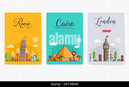 Set of different cities for travel destinations. landmarks banner template of flyer, magazines, posters, book cover, banners. Layout workplace technology flat illustrations modern Stock Vector