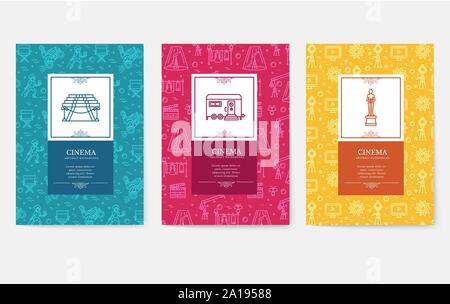 Set of thin line cinema vacation pattern concept. Art traditional, magazine, book, poster, abstract, banners, element. Vector outline package greeting card or invitation design Stock Vector