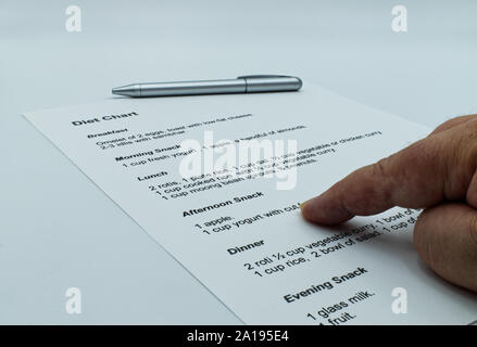 Checking and studying a diet chart, on white background. Stock Photo