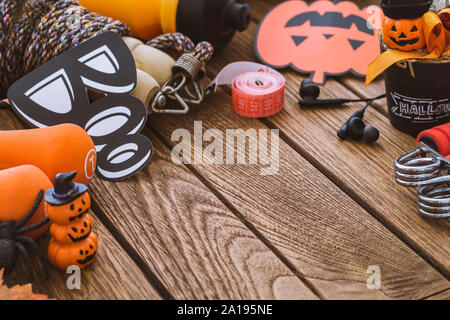 Happy Halloween day with Fitness, Exercise, Working out healthy lifestyle background concept.  Halloween healthy lifestyle background with copy space Stock Photo