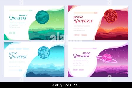 Set of colorful covers with different planets and Around Universe headline concept. Vector flat flyear, web banner, ui header, enter site. Invitation concept background. Layout modern slider Stock Vector