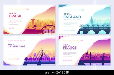 Bridges of different countries. Monument template outdoor silhouette. Cityscape construction street landscape. Travel sunrise urban. flyear, web banner, ui header, enter site, slider page Stock Vector