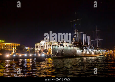 Cruiser Aurora permanently anchored at in the Bolshaya Nevker River near Petroggadskaya embankment, Saint Petersburg, Russia Stock Photo