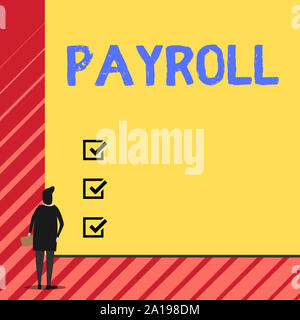 Handwriting text writing Payroll. Conceptual photo Amount of wages and salaries paid by a company to its employees Man stands in back view in front of Stock Photo