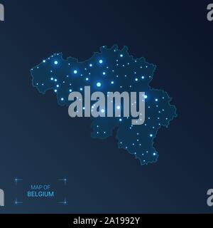 Belgium map with cities. Luminous dots - neon lights on dark background. Vector illustration. Stock Vector