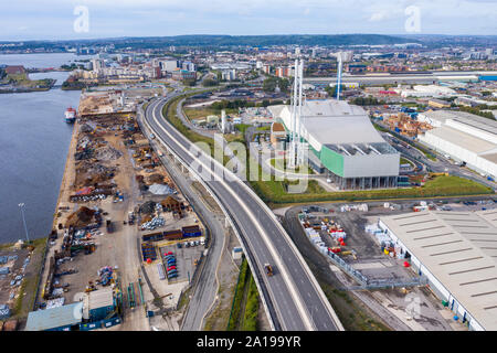 Aerial view of Garbage incineration plant. Waste incinerator plant in Splott, Cardiff, Wales, UK.  The problem of environmental pollution by factories Stock Photo