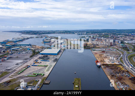 Aerial view of the industrial side of the Cardiff bay / docks, Wales UK Stock Photo