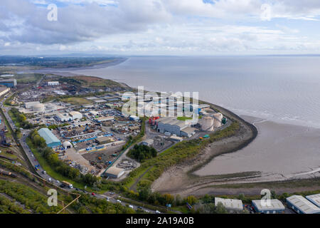 Aerial view of the industrial side of the Cardiff bay / docks, Wales UK Stock Photo