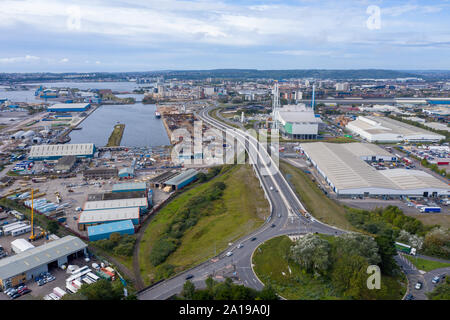 Aerial view of the industrial side of the Cardiff bay / docks, Wales UK Stock Photo