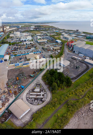 Aerial view of the industrial side of the Cardiff bay / docks, Wales UK Stock Photo