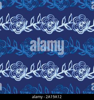 seamless vector pattern with horizontal floral stripes in indigo blue Stock Vector