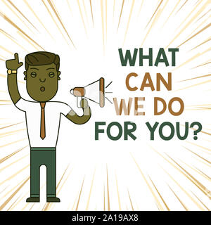 Handwriting text What Can We Do For You Question Question Question. Conceptual photo how may I help assist Man Standing with Raised Right Index Finger Stock Photo