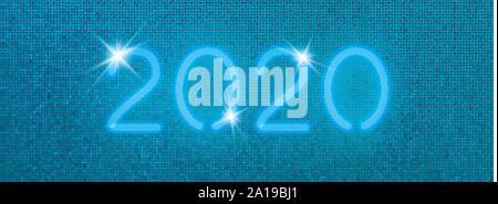 2020 digital web banner. Vector neon blue numbers on a halftone pixel background. Social media layout Stock Vector