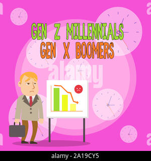 Writing note showing Gen Z Millennials Gen X Boomers. Business concept for Generational differences Old Young showing Businessman with Brief Case Stan Stock Photo