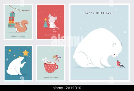 Winter forest animals, Merry Christmas greeting cards, posters with cute bear, birds, bunny, deer, mouse and penguin.  Stock Vector