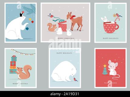 Winter forest animals, Merry Christmas greeting cards, posters with cute bear, birds, bunny, deer, mouse and penguin.  Stock Vector