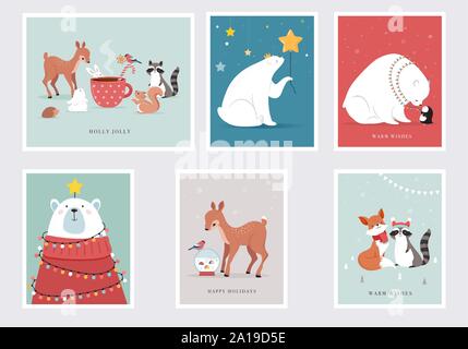 Winter forest animals, Merry Christmas greeting cards, posters with cute bear, birds, bunny, deer, mouse and penguin.  Stock Vector