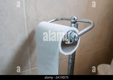 A toilet roll on a toilet roll holder. Stock Photo