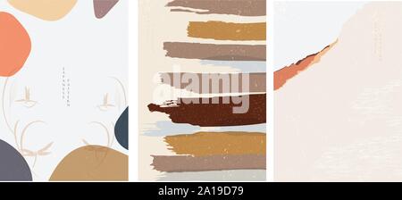 Japanese template with abstract background. Brush stroke elements. Notepaper and message card vector. Dragonfly decoration. Stock Vector