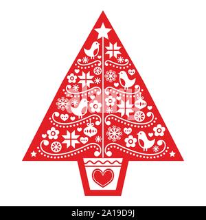 Christmas tree folk art vector design - Scandinavian pattern with birds, flowers and snowflakes Stock Vector