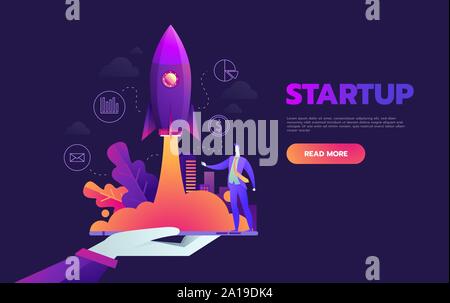 Startup launching process isometric infographic technology online. Business concept vector. Rocket space ship taking off with micro creative people. Stock Vector
