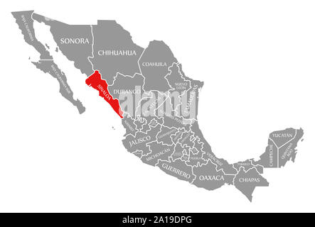 Sinaloa red highlighted in map of Mexico Stock Photo
