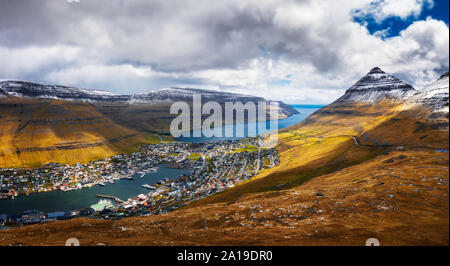 Aerial panorama of the city of Klaksvik on Faroe Islands, Denmark Stock Photo