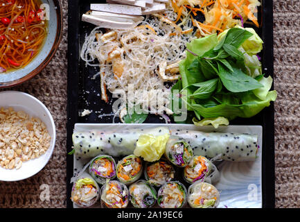 Top view sliced vegetarian rice paper rolls and Vietnamese spring roll ingredient, colorful vegetables make vegan dish that healthy and delicious Stock Photo