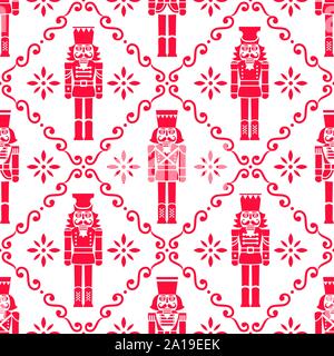 Christmas nutcrackers vector seamless pattern - Xmas soldier figurine repetitive red and white ornament, textile design Stock Vector