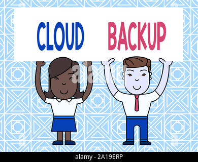 Word writing text Cloud Backup. Business photo showcasing enable customers to remotely access the provider s is services Two Smiling People Holding Bi Stock Photo