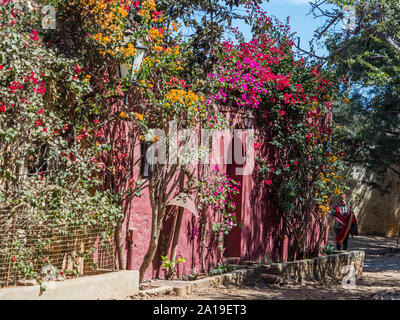 Goree, Senegal- February 2, 2019:  Red house with  plenty of colorful flowers on the Goree island. Gorée. Dakar, Senegal. Africa. Stock Photo