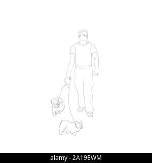 Young man in casual outfit is walking with two small papillon dogs on a leash. Stock Vector