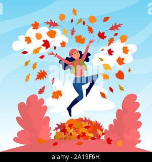 Beautiful girl with a dog is jumping in a pile of autumn leaves and throwing them, web banner, hello autumn text, stock vector Stock Vector