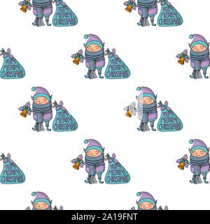 Seamless pattern with Cute funny cartoon character christmas elf with long scarf holding two handbells, merry christmas lettering Stock Vector