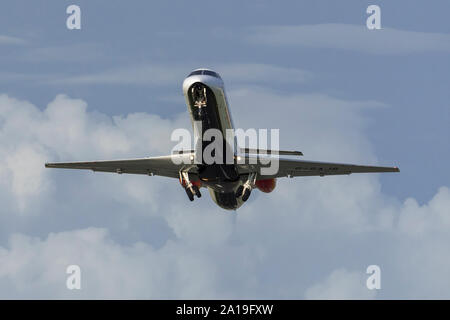 Loganair Embraer ERJ-145EP (EMB-145EP) commuter jet. Take off Broughton. Stock Photo
