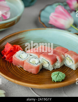 Sushi with rice and salmon Stock Photo