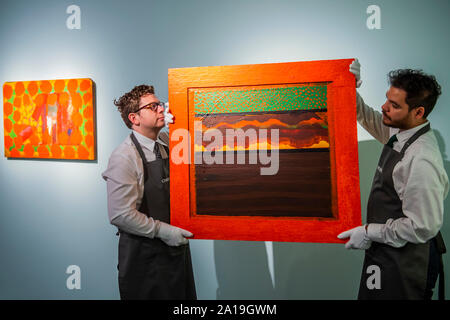 Christie’s, London, UK. 25th Sep 2019. Howard Hodgkin, Bombay Sunset, Executed in 1972-1973, Estimate: £500,000-700,000, The Jeremy Lancaster Collection - Christie’s Frieze Week programme launch includes the private collection of Jeremy Lancaster (sale 1 October) and the Post-War and Contemporary Art Evening Auction (sale 4 Oct) amongst other sales. Credit: Guy Bell/Alamy Live News