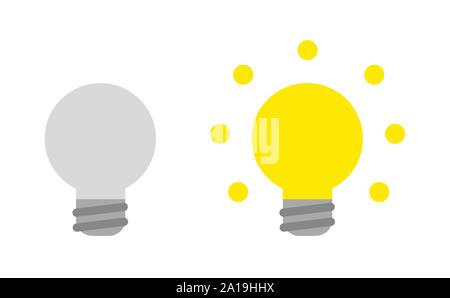 Vector icon set of grey and glowing light bulbs. Flat color style. Stock Vector